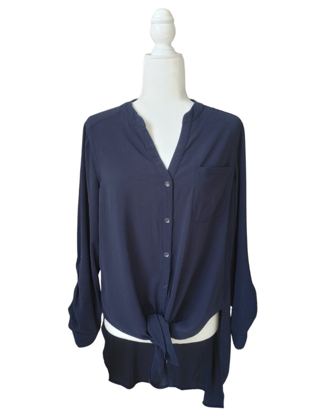 CHICO'S Navy Blue Roll-Tab Sleeve High-Low Tie Front Tunic - Chico's Size 1